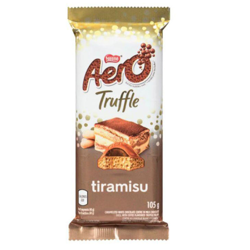 Nestle Aero Chocolate Bar 105g Truffle Tiramisu Box with coffee and mascarpone flavors in a bubbly shell.