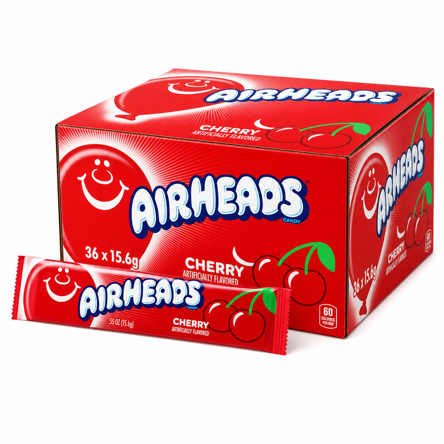 Airheads Cherry 15.6g Box featuring a box of taffy bars with cherry flavor and individual wrappers.