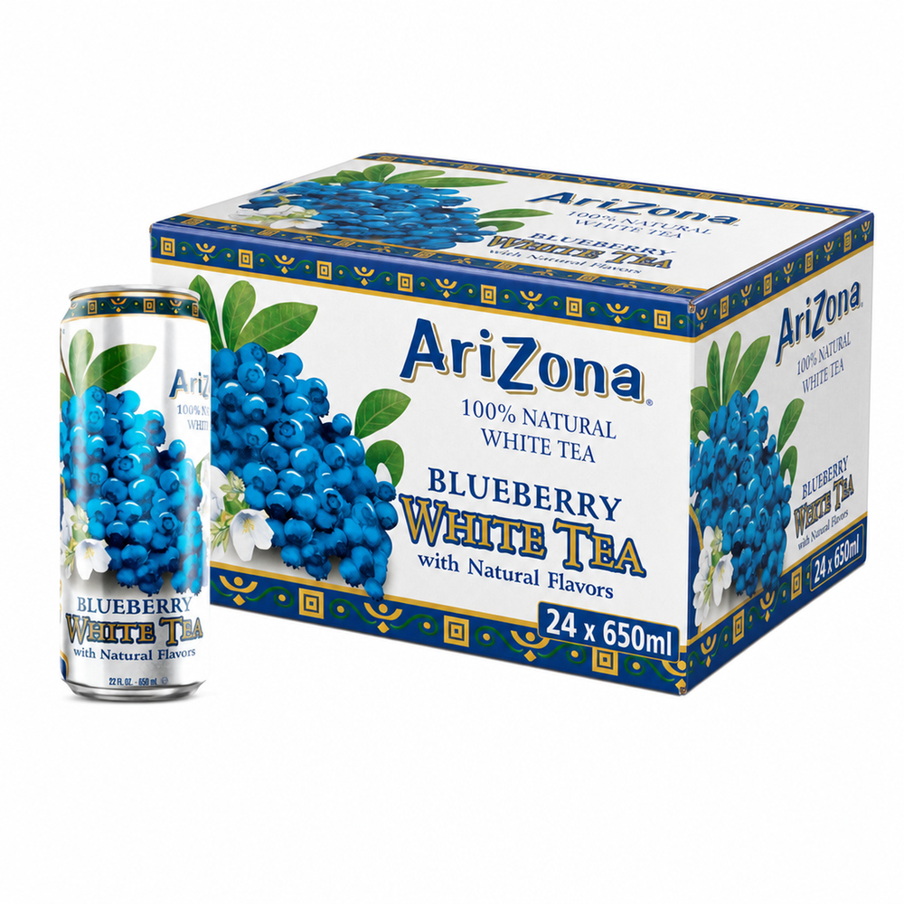 AriZona Blueberry White 650ml Box featuring blueberry white tea can and packaging, refreshing iced tea drink.