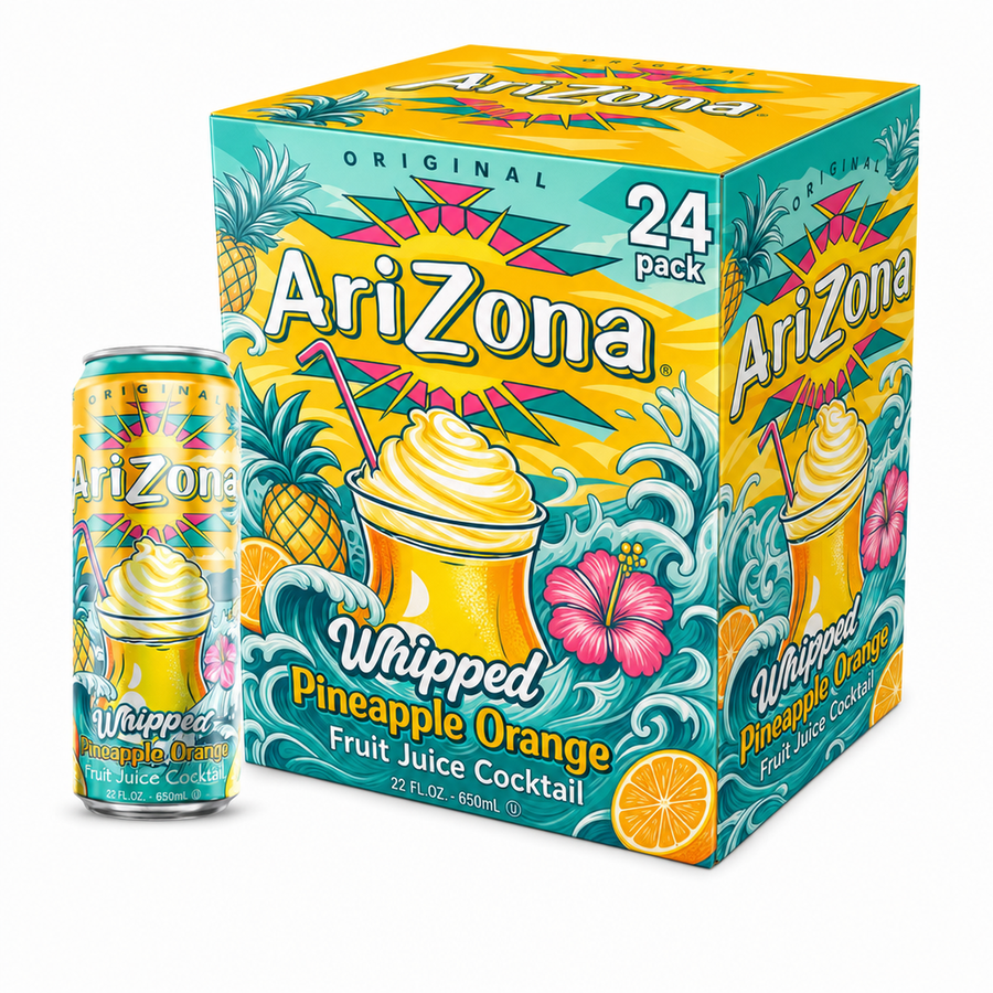 AriZona Iced Drinks Whipped Pineapple Orange Box featuring a vibrant 24 pack and can of fruit juice cocktail.