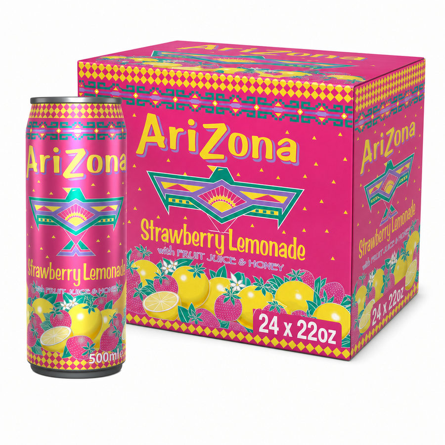 AriZona Strawberry Lemonade 22oz Box featuring iconic packaging and vibrant design with fruit illustrations.