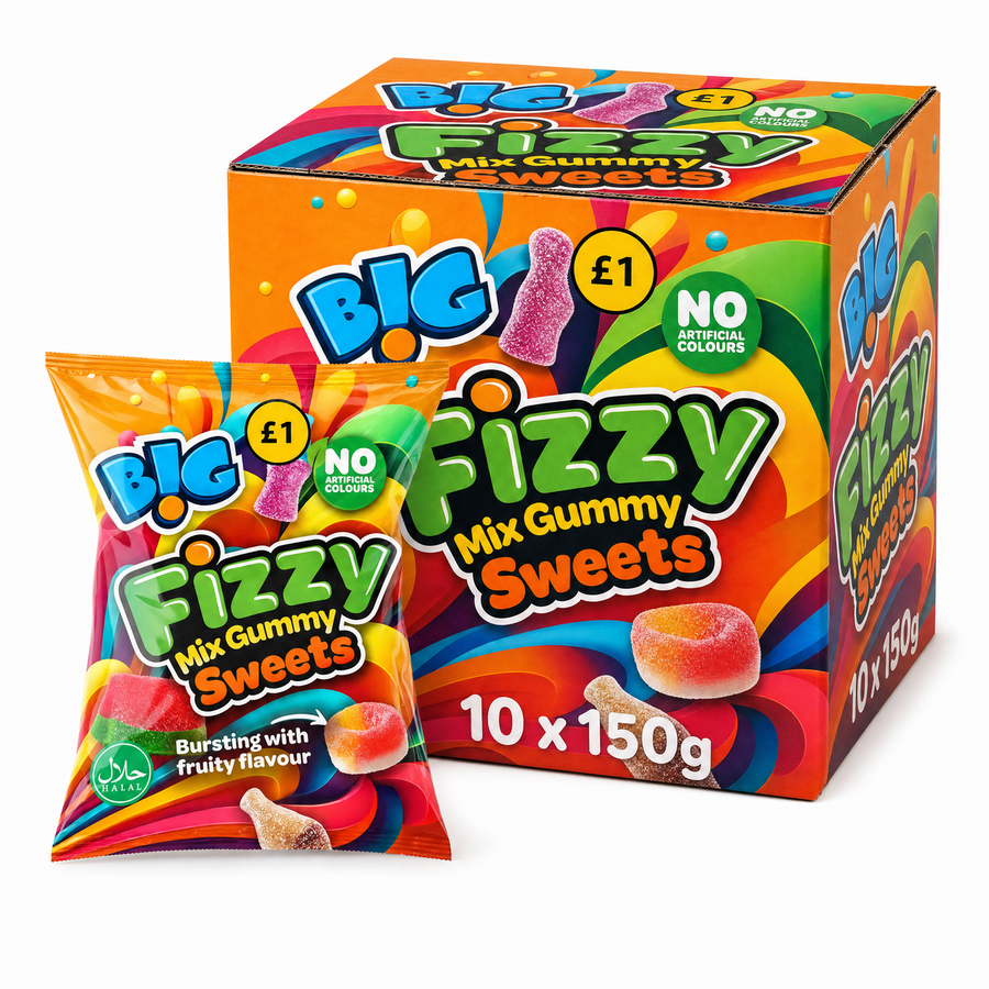 B!G Fizzy Mix Gummy Sweets 150g Box with peg bag showcasing fruity flavours and vibrant packaging.