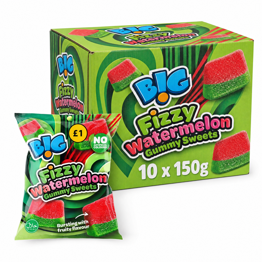 B!G Fizzy Watermelon Gummy Sweets 150g Box with colorful packaging and a £1 price mark.