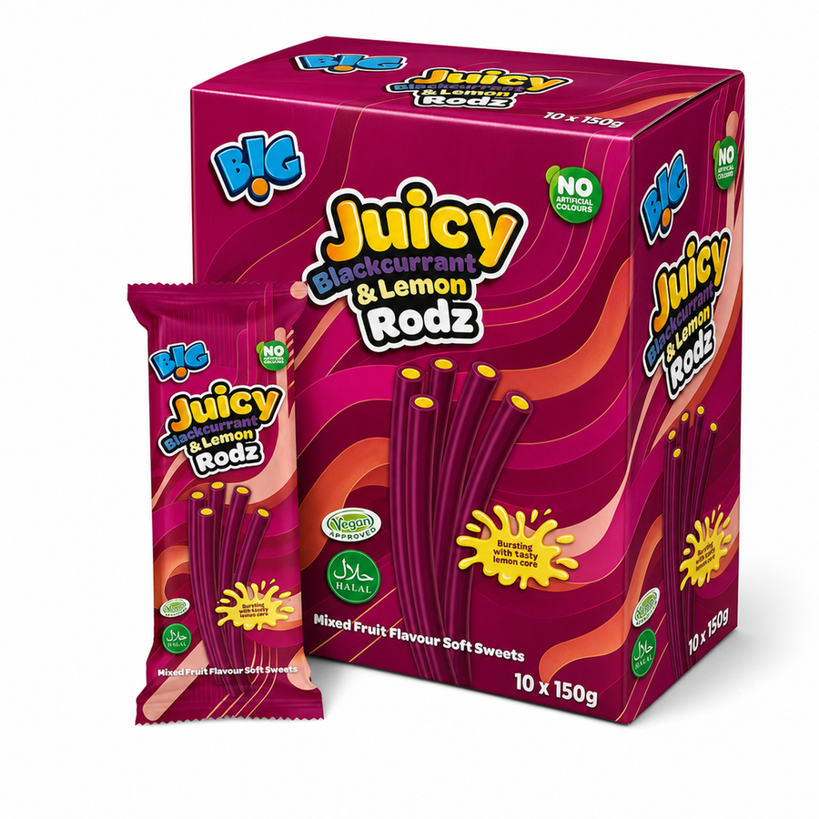 B!G Juicy Rodz 150g Blackcurrant & Lemon Box pack and single bag of chewy sweets.