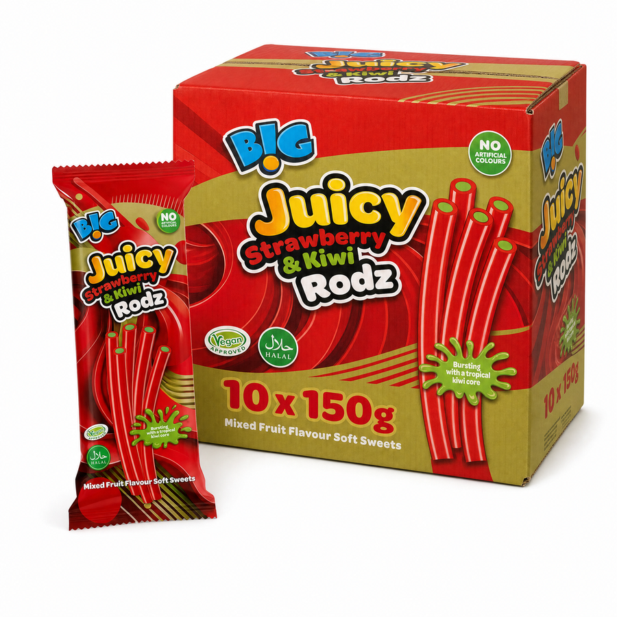 B!G Juicy Rodz 150g Strawberry & Kiwi Box with pack and box showing mixed fruit flavor soft sweets