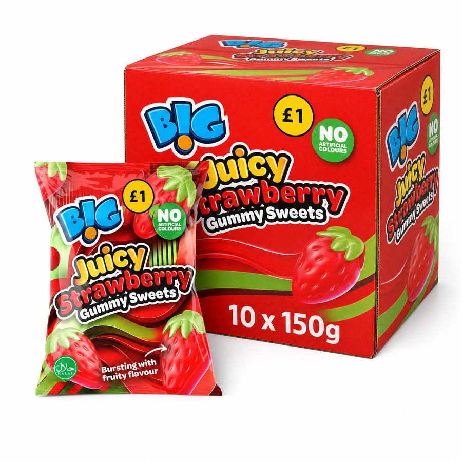 B!G Juicy Strawberry Gummy Sweets 150g Box with vibrant packaging and peg bag, showcasing bold strawberry flavor.