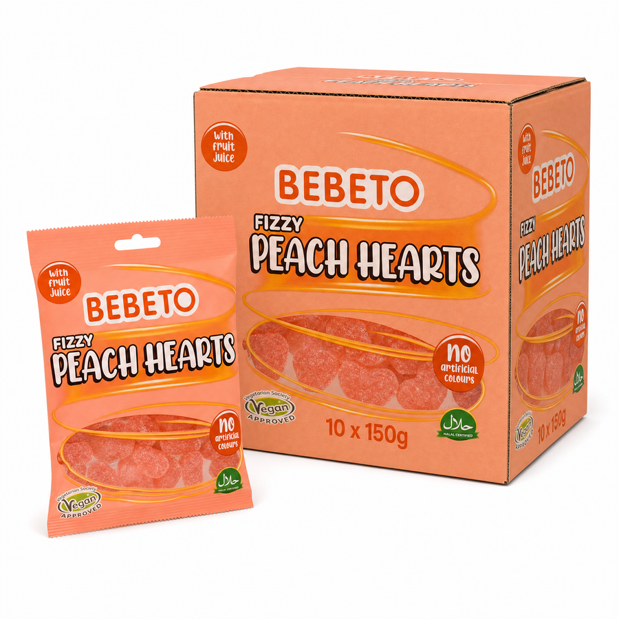Bebeto Fizzy Peach Hearts 150g Box featuring gummy sweets in heart shapes with vibrant packaging.