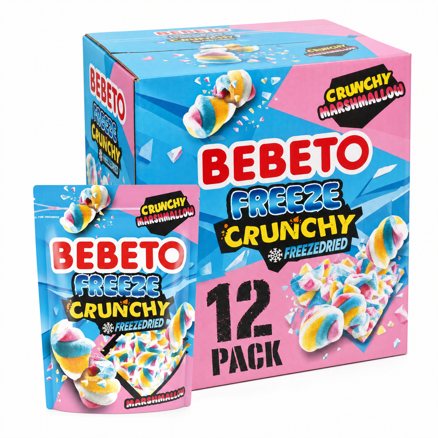 Bebeto Freeze Dried Marshmallow Box featuring 12-pack colorful crunchy marshmallows in playful packaging.