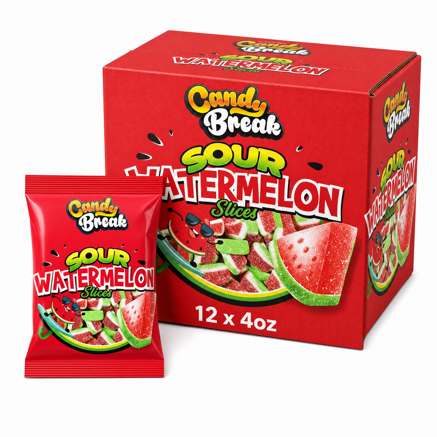 Candy Break Halal Sour Watermelon 4oz Box showing a box and individual pack of sour watermelon gummy slices.