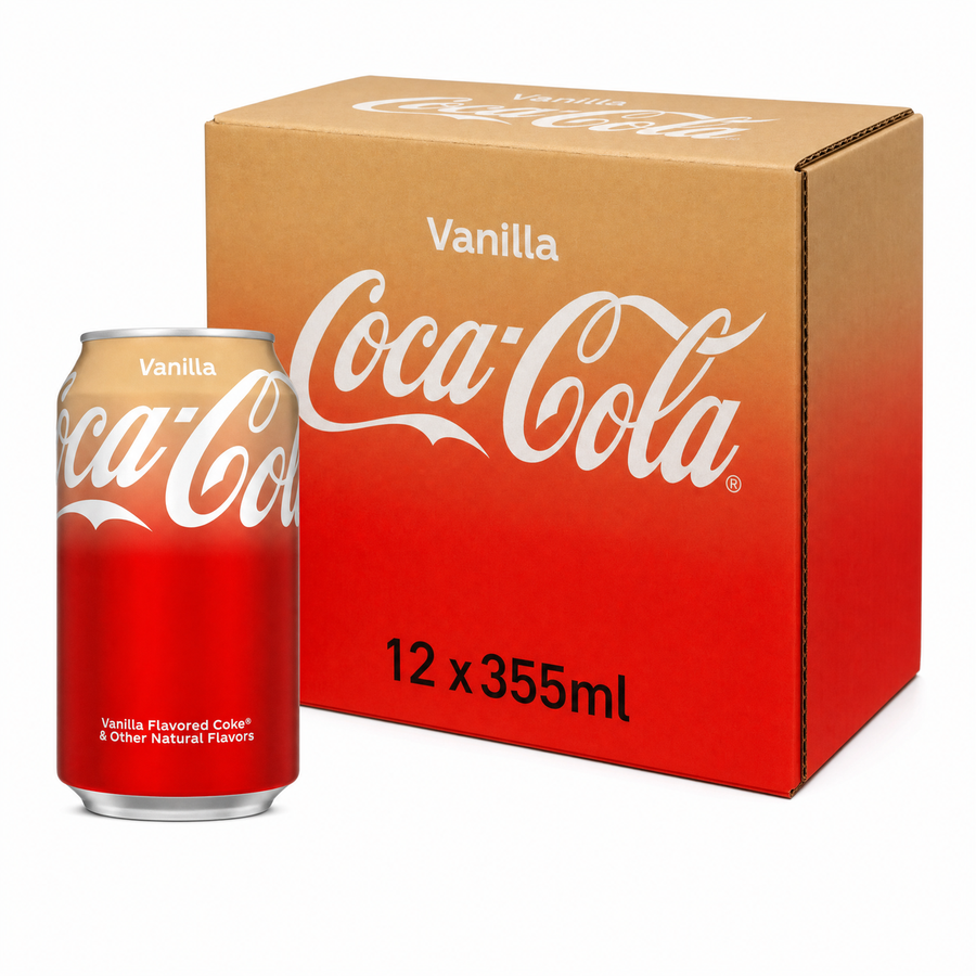 Coca Cola 355ml Vanilla Box with can and packaging, rich vanilla flavor, 12 x 355ml cans.