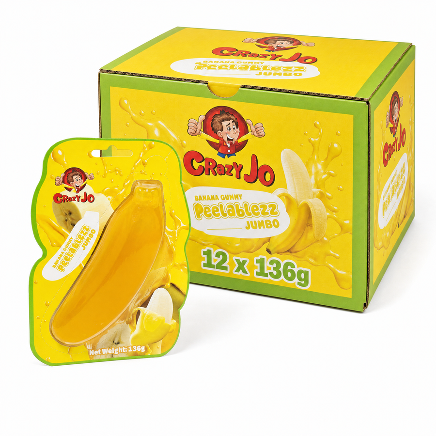 Crazy Jo Peelablezz Jumbo Banana 136g Box packaging and single gummy banana on display.