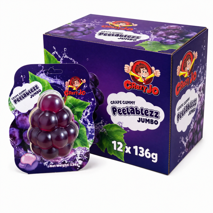 Crazy Jo Peelablezz Jumbo Grape 136g Box with grape gummy sweets in a colorful packaging