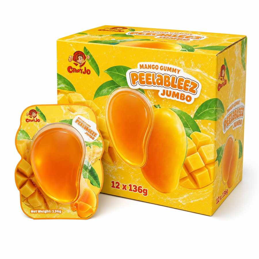 Crazy Jo Peelablezz Jumbo Mango 136g Box alongside individual mango gummy pack, showcasing vibrant tropical colors.