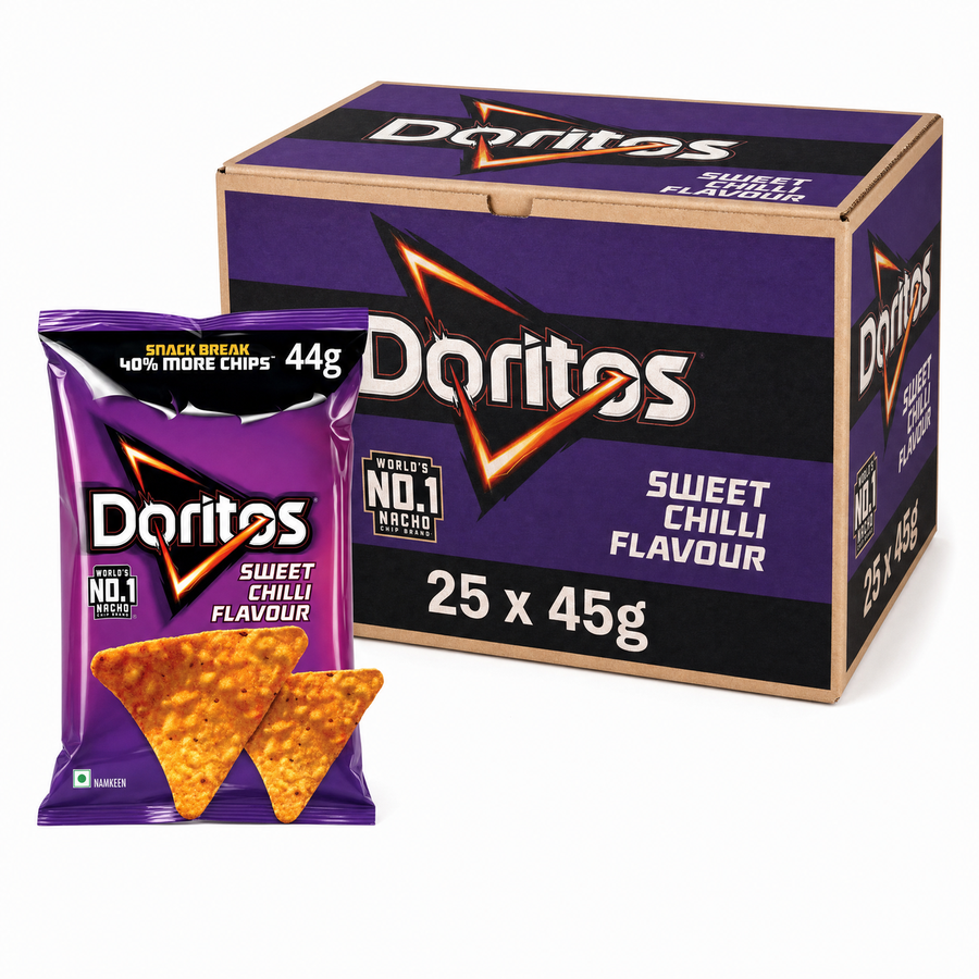 Doritos Sweet Chili - 45g Box featuring a pack of crunchy tortilla chips in a purple bag.