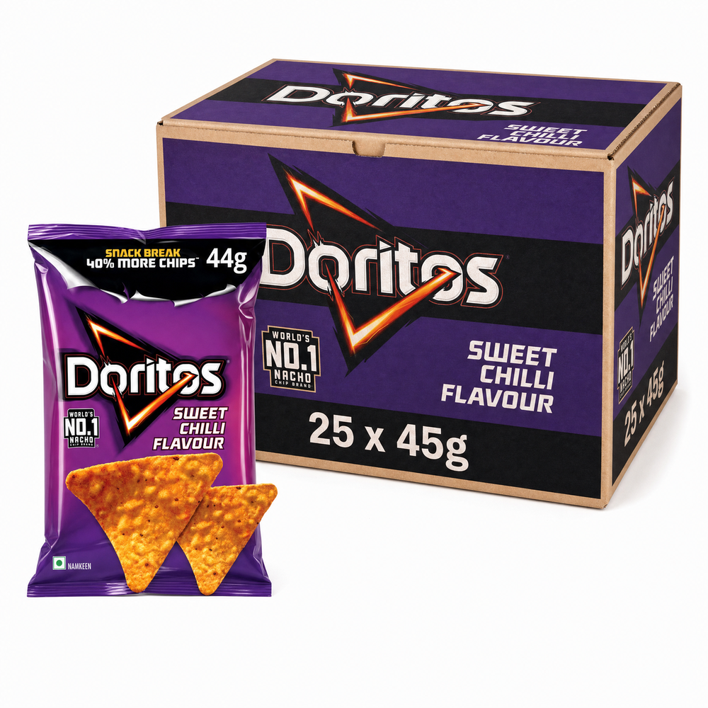 Doritos Sweet Chili - 45g Box featuring a pack of crunchy tortilla chips in a purple bag.