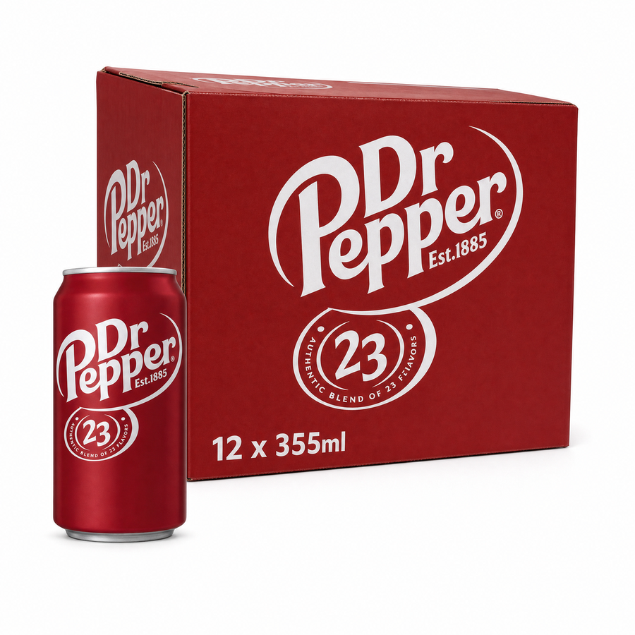 Dr Pepper 23 355ml USA Box featuring a can and box packaging, showcasing 12 x 355ml cans of the unique soda.
