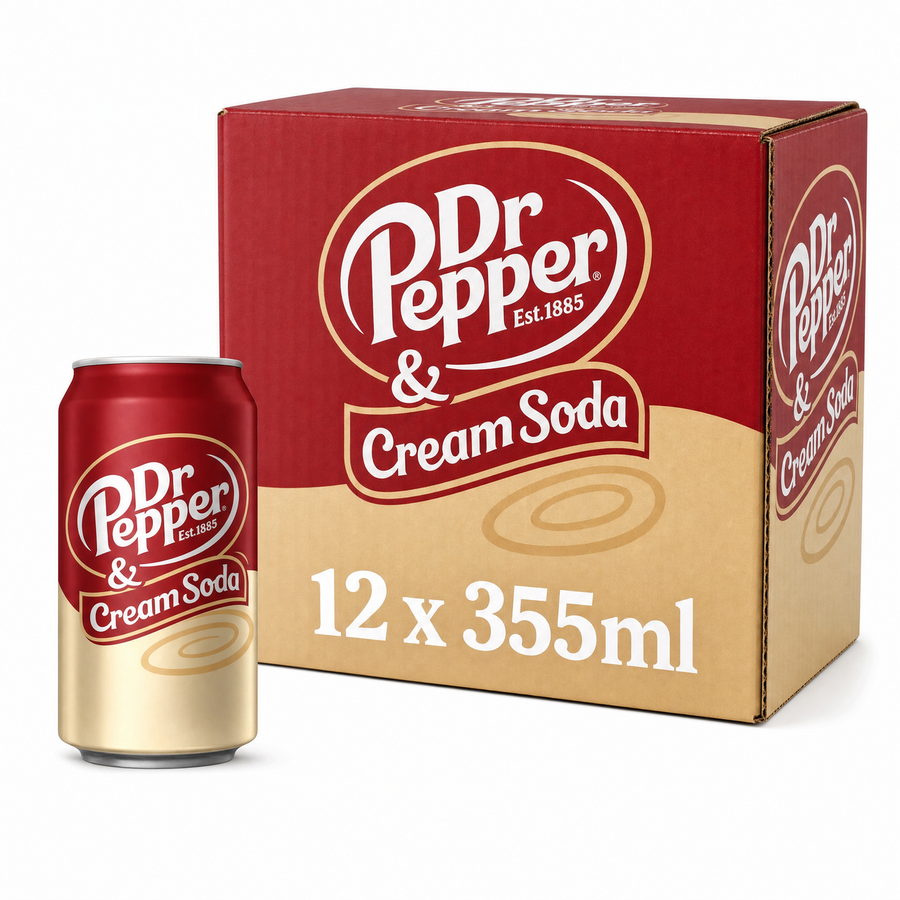 Dr Pepper 355ml (USA) Cream Soda Box with 12 cans displayed.