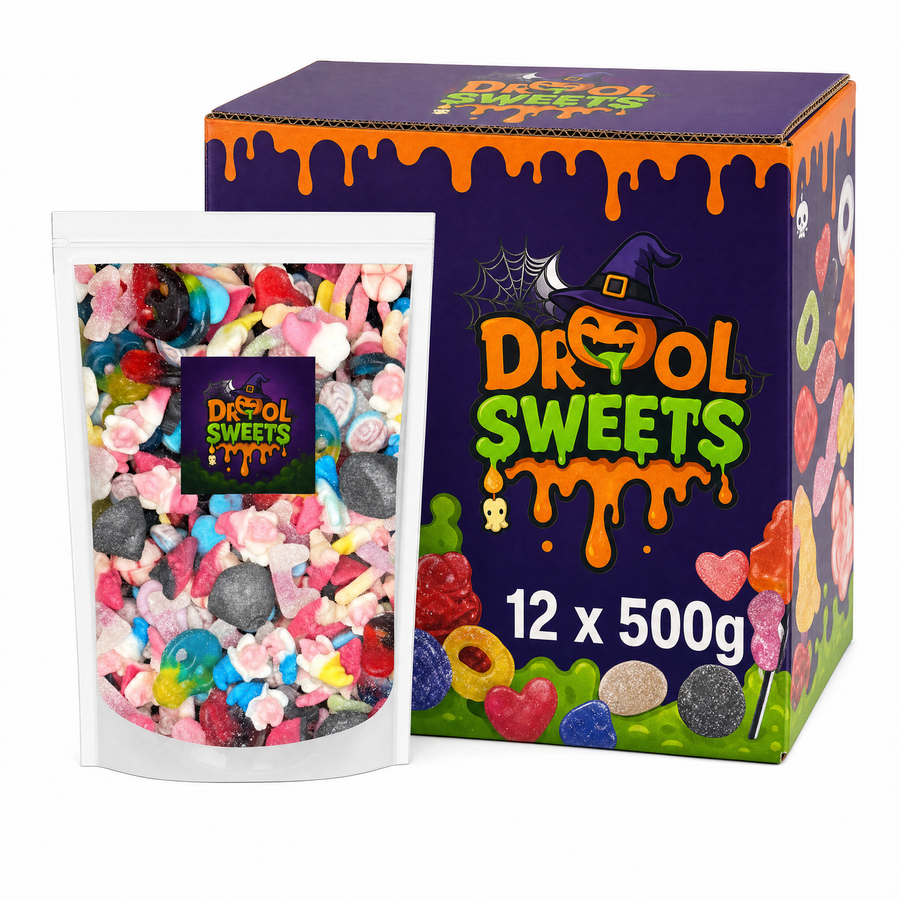 Drool Sweets Halloween Mix 500g Box featuring assorted Halloween-themed pick-and-mix sweets in a colorful display.