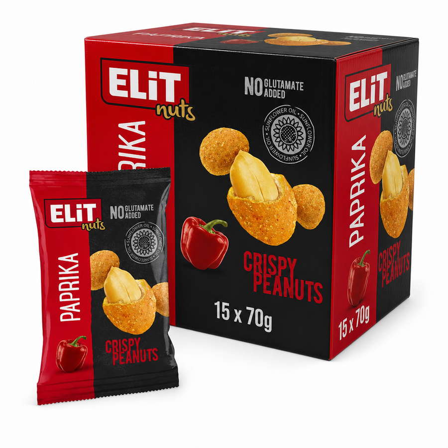 Elit Coated Peanuts Paprika 70g Box featuring crunchy coated peanuts and paprika seasoning.