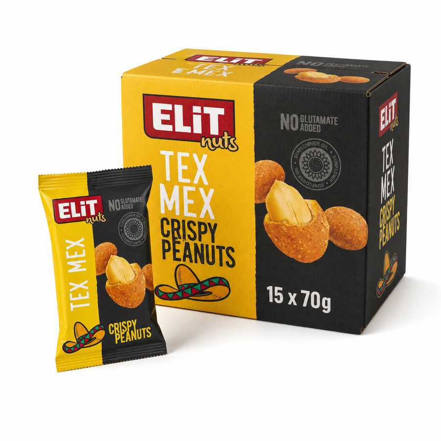 Elit Coated Peanuts Tex Mex 70g Box displayed with a bag and peanuts, offering bold Tex Mex flavor.
