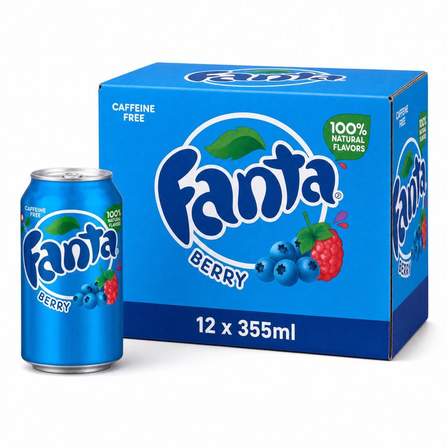 Fanta Berry 355ml USA Box with 12 cans, sweet mixed berry flavor, caffeine free, imported soda from USA.