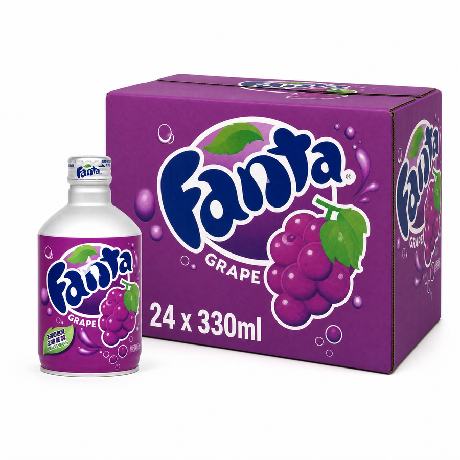 Fanta Grape 330ml Aluminium Bottle Box displayed with a case of 24 aluminium bottles in vibrant packaging.