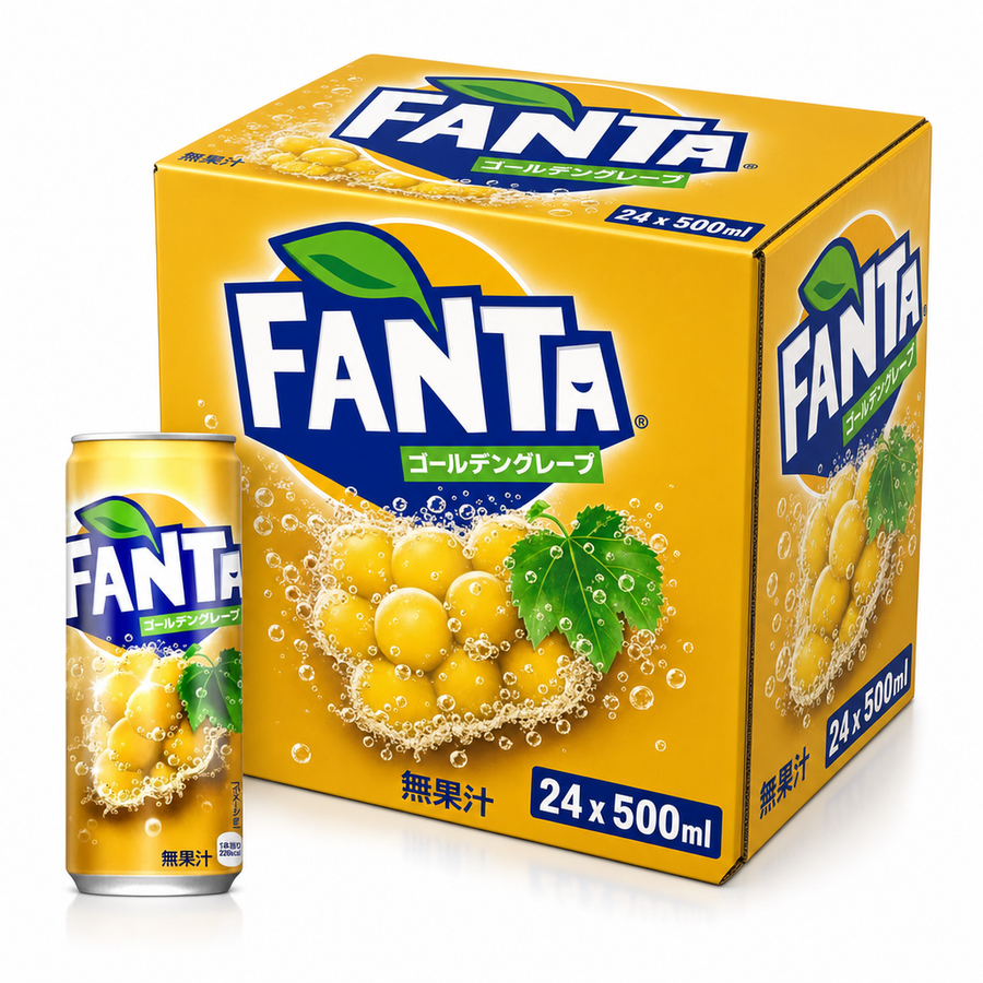 Fanta (Japan) Golden Grape 500ml Box featuring can and box with luxurious grape flavor.