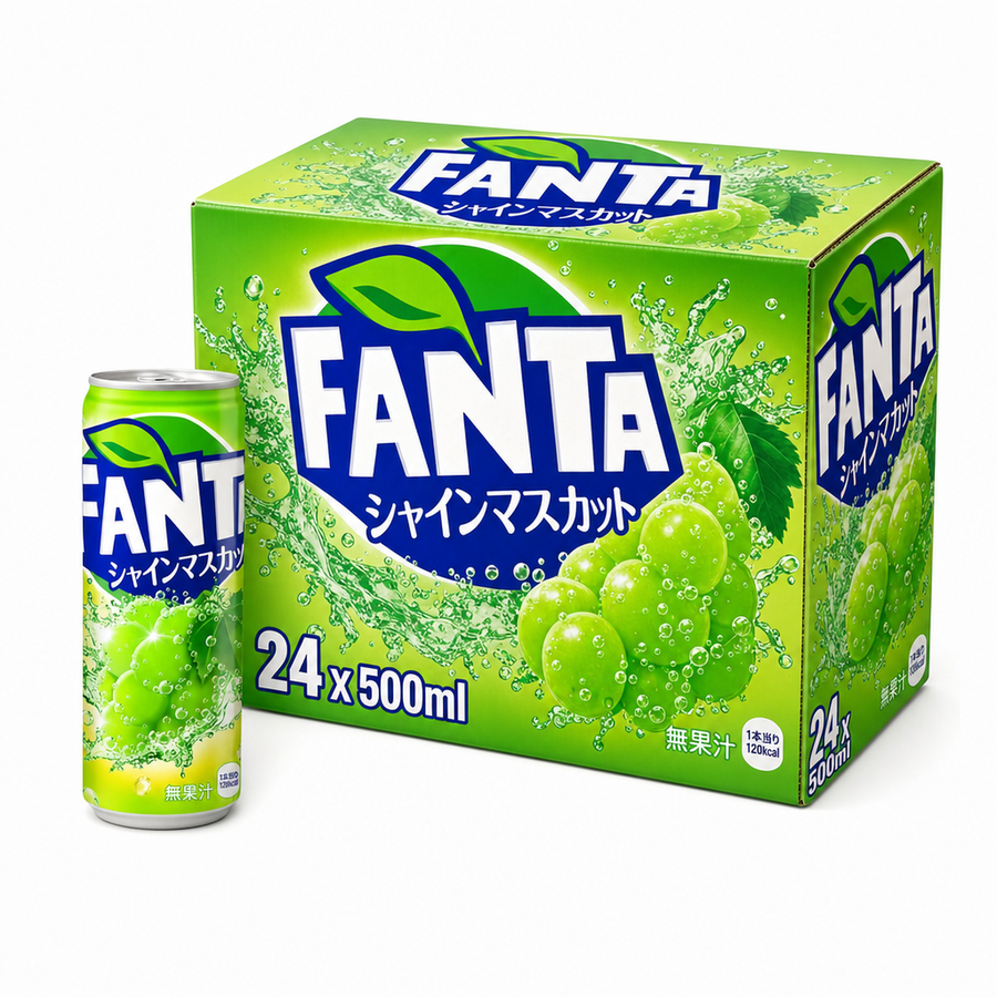 Fanta (Japan) Muscat Grape 500ml Box packaging with can, highlighting limited edition sparkling soda.