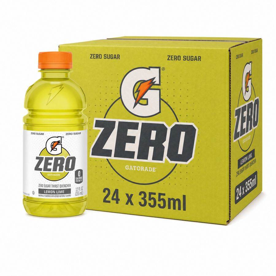 Gatorade Zero 355ml Lemon Lime Box with lemon lime bottle and packaging, zero sugar, 24-pack.