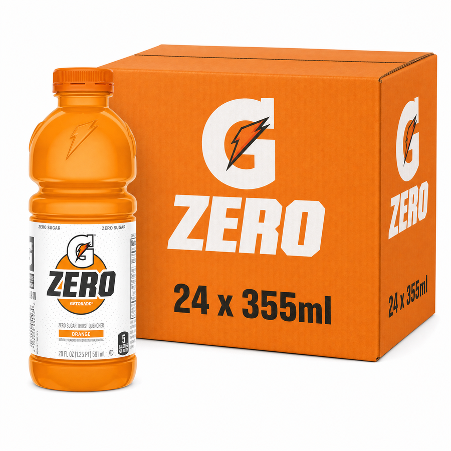 Gatorade Zero 355ml Orange Box with bold orange flavor, zero sugar, and full electrolytes, perfect for hydration.