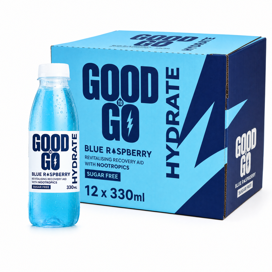 Good To Go Hydrating Water (330ml) Blue Rasberry Box with bottle and packaging, refreshing blue raspberry flavored drink.