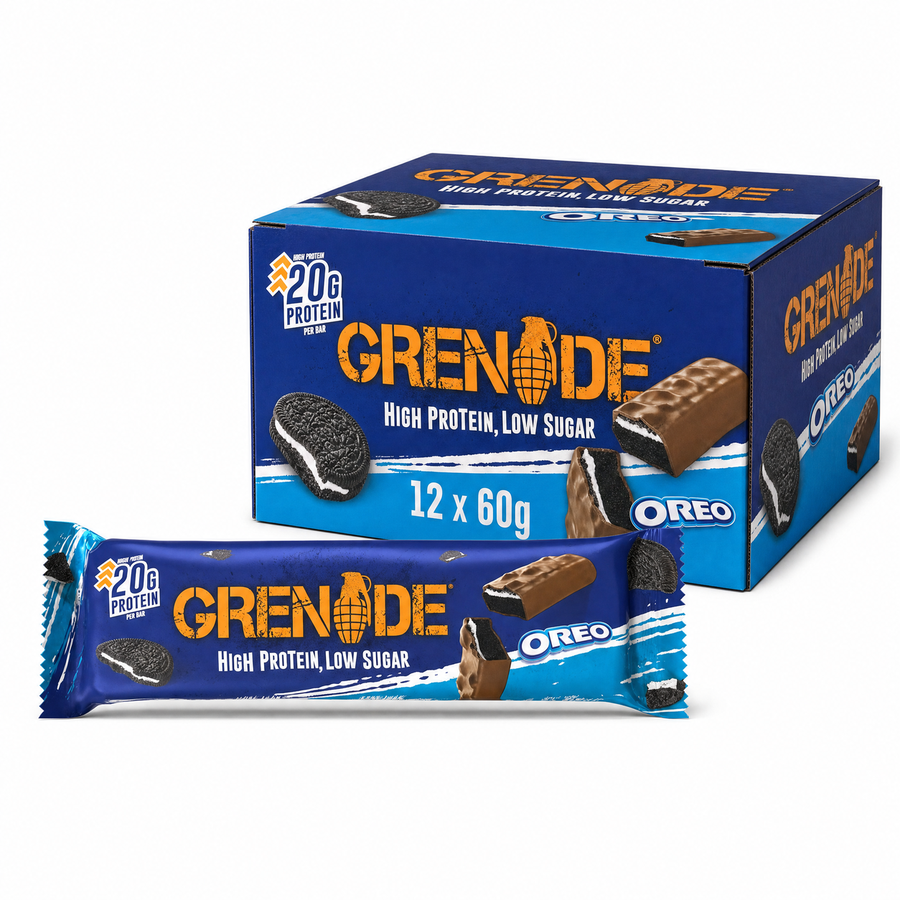 Grenade Protein Bar 60g Oreo Milk Box with protein bar packaging and Oreo cookie images.