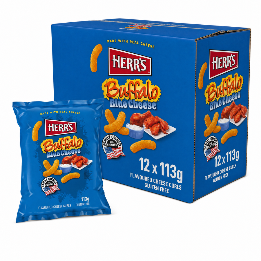 HERR'S 113g Buffalo Blue Box containing Buffalo Blue Cheese flavoured snacks, gluten-free, made with real cheese.