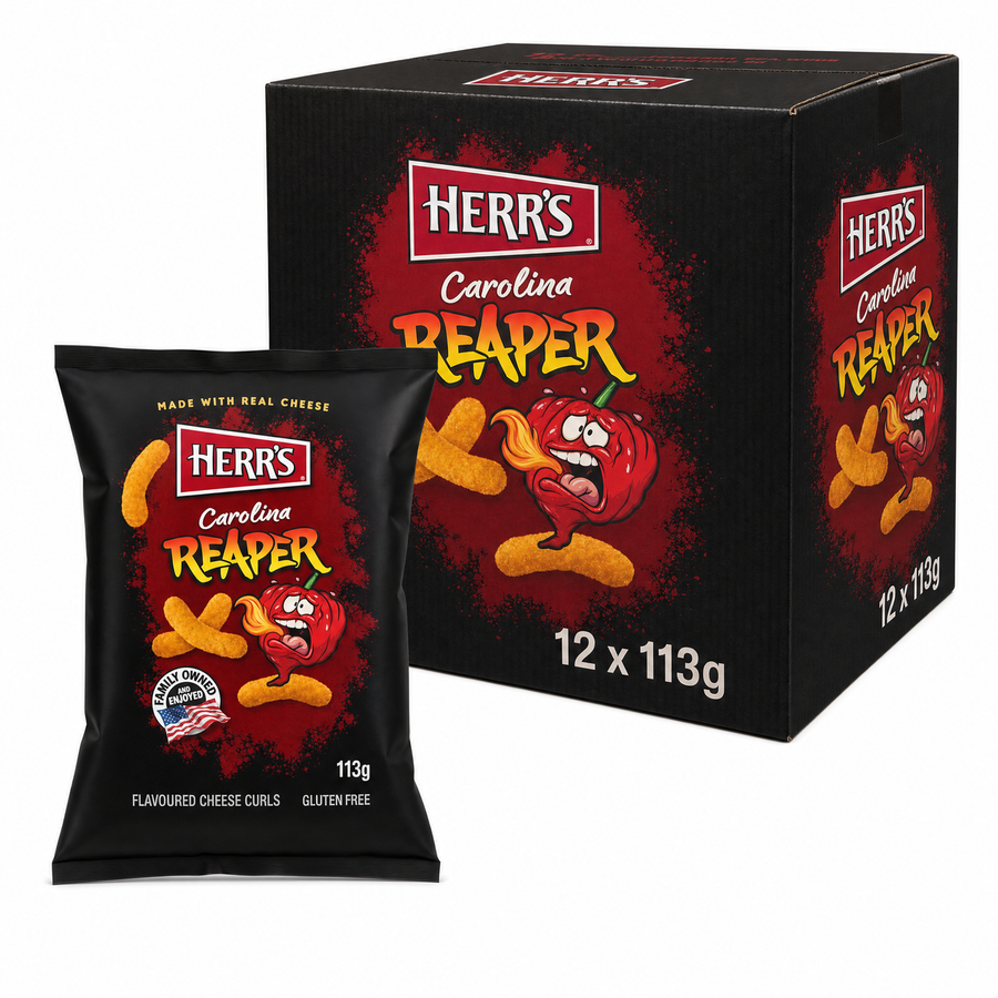 HERR'S 113g Carolina Reaper Box featuring bold flavored cheese curls and packaging for spicy snack lovers.