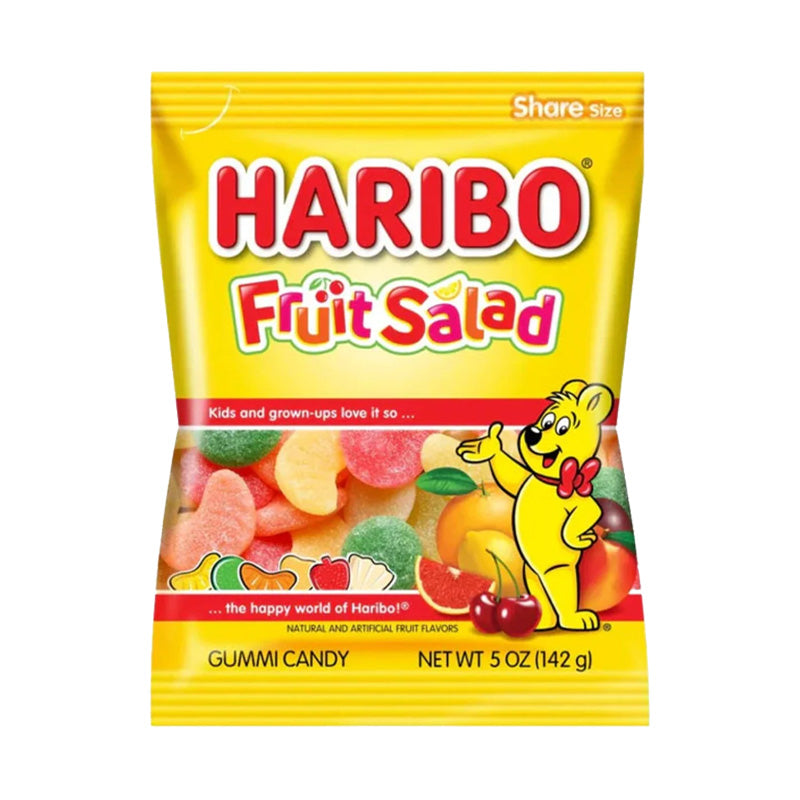 Haribo Fruit Salad 142g Box featuring fruit-shaped gummy sweets in bright colors and flavors, 5 oz packaging.