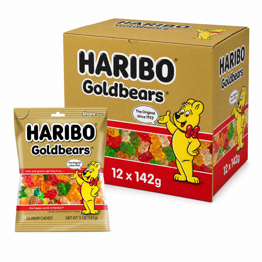 Haribo Gold Bear 142g Box featuring a 12-pack and a single 142g bag of gummy candies in fruity flavors.