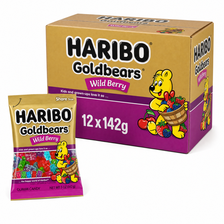 Haribo Gold Bear Wild Berry 142g Box featuring 12 bags of wild berry gummy candy with iconic bear design.