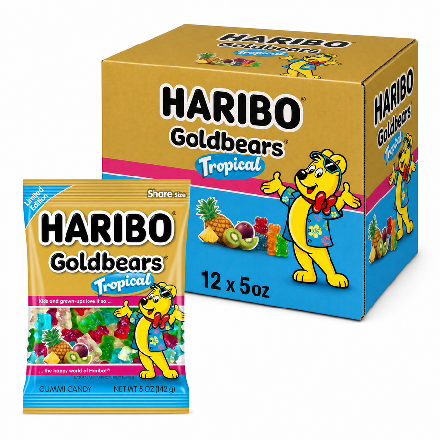 Haribo Sour Gold Tropical 5oz Box featuring gummy bears and colorful packaging.