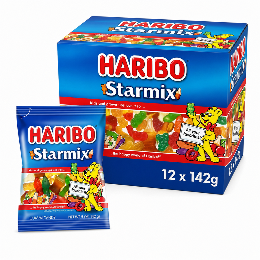 Haribo Starmix 142g Box featuring mixed gummy candies and a colorful assortment of shapes and flavors.