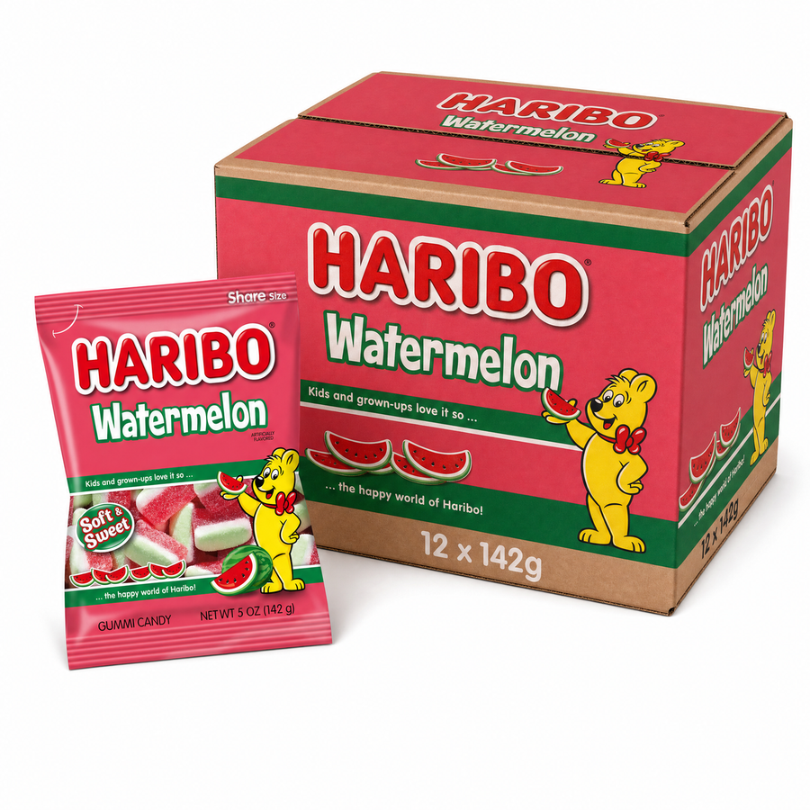 Haribo Watermelon 142g Box with watermelon slice gummies in a bright package, showcasing a fun summer treat.