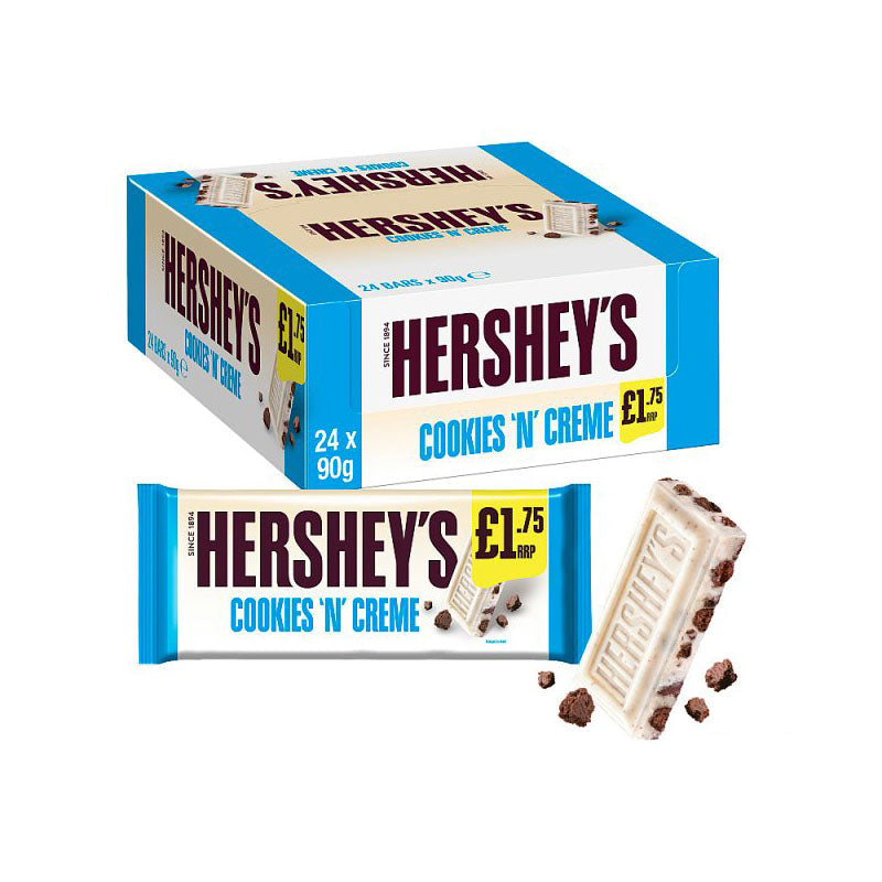 Hersheys Cookies N Creme 90g Box with a white chocolate bar and crunchy cookie pieces, packaged in a colorful box.
