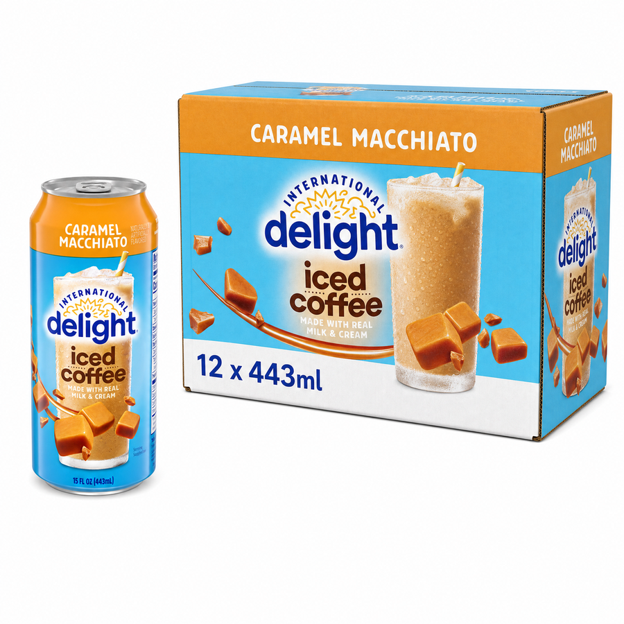 International Delight Caramel Macchiato Iced Coffee 443ml Box with can and carton