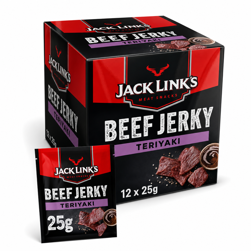 Jack Links Beef Jerky Teriyaki 25gm Box with 12 packs of 25g beef jerky in teriyaki flavor.