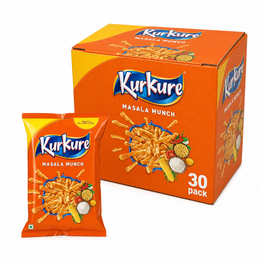 Kur Kure Masala Munch Box with a 30 pack of savory snacks and single serving bag on display.