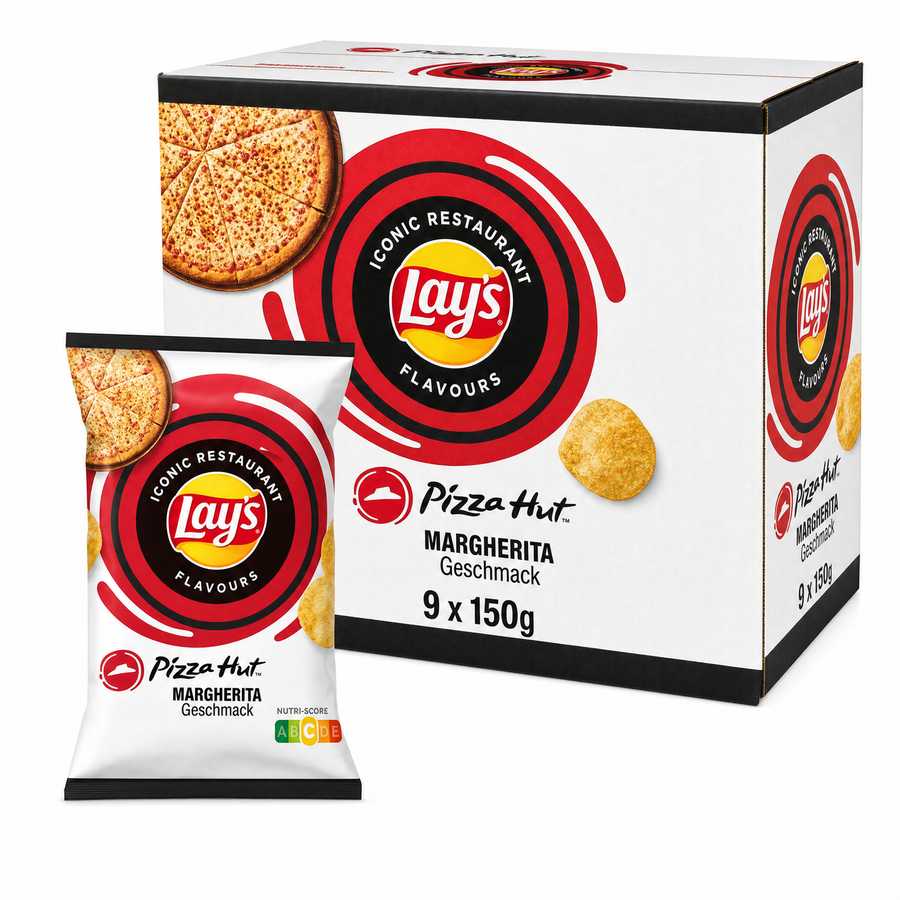 Lays 150g Pizza Hut Margherita Box with potato chips featuring pizza flavors and packaging design.