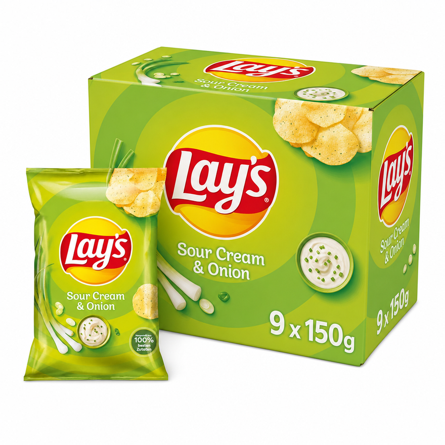 Lays 150g Sour Cream And Onion Box with crispy potato chips and tangy seasoning.