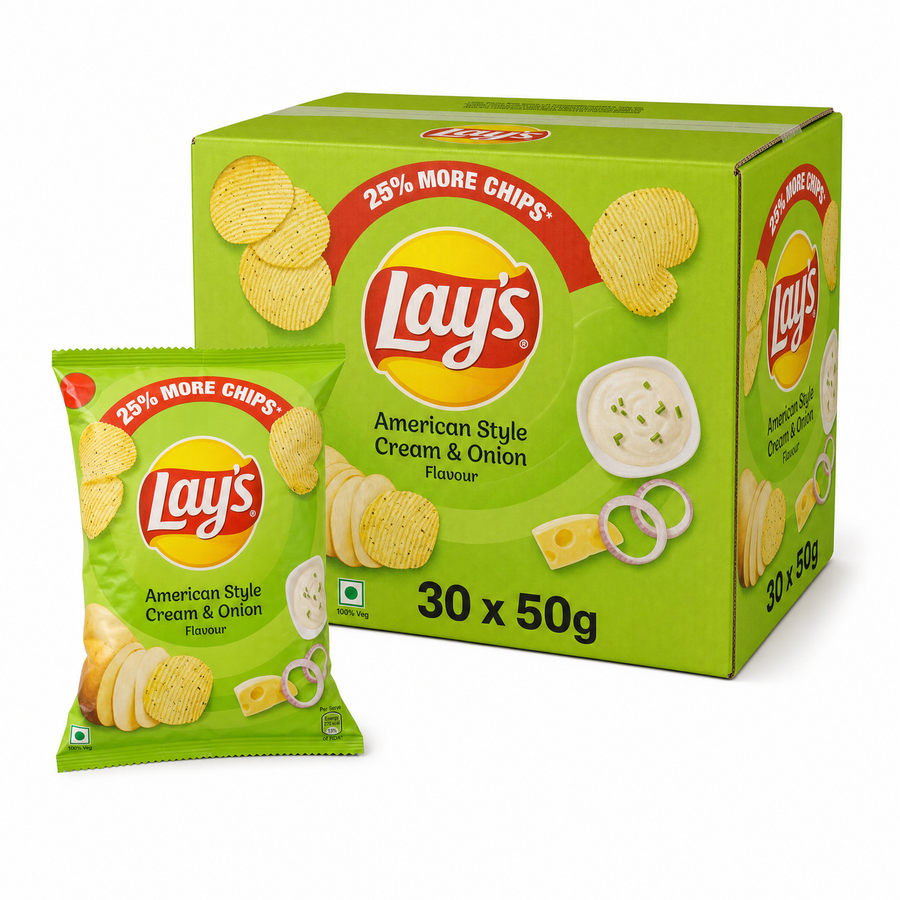 Lays American Style Cream & Onion 50g Box with snacks and packaging, showcasing crispy potato chips.