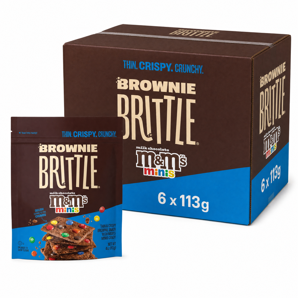M&M Minis Brownie Brittle 113g Box featuring chocolate brownie brittle with Mini M&Ms, packaged in a box.