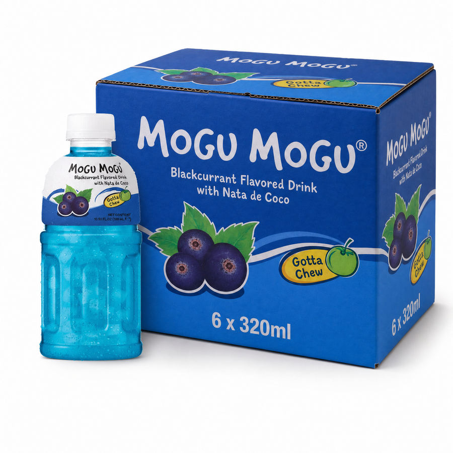 Mogu Mogu Blackcurrant 320ml Box with drink bottle and packaging featuring nata de coco.