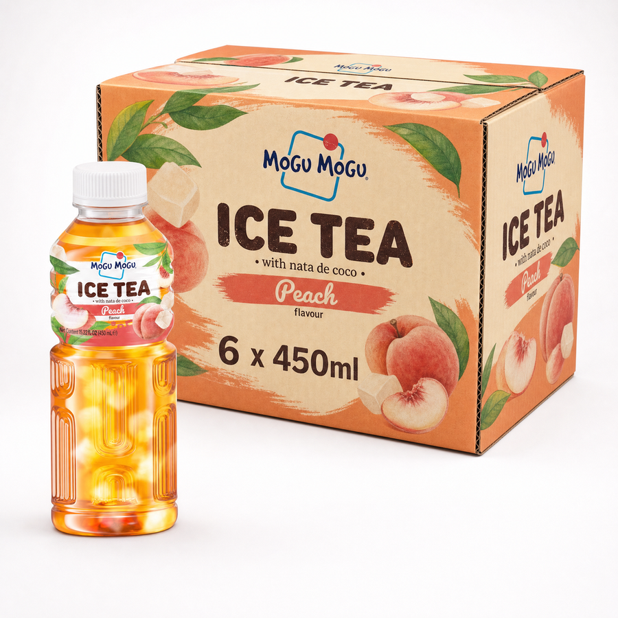 Mogu Mogu Ice Tea 450ml Peach Box displayed with a bottle and packaging featuring peach flavor and nata de coco.